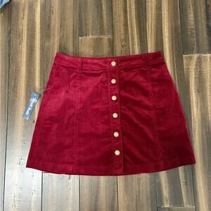NWT Modcloth Size L Red Corduroy Velour A-Line Mini Skirt Button Down Swan